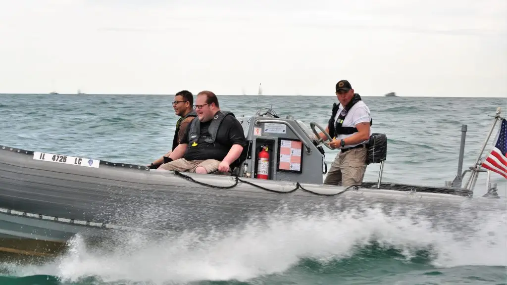Captain and guests aboard the RHIB under a cloudy Chicago sky