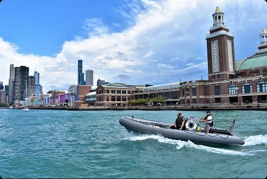 Blackhawk RHIB passing Navy Pier on Lake Michigan