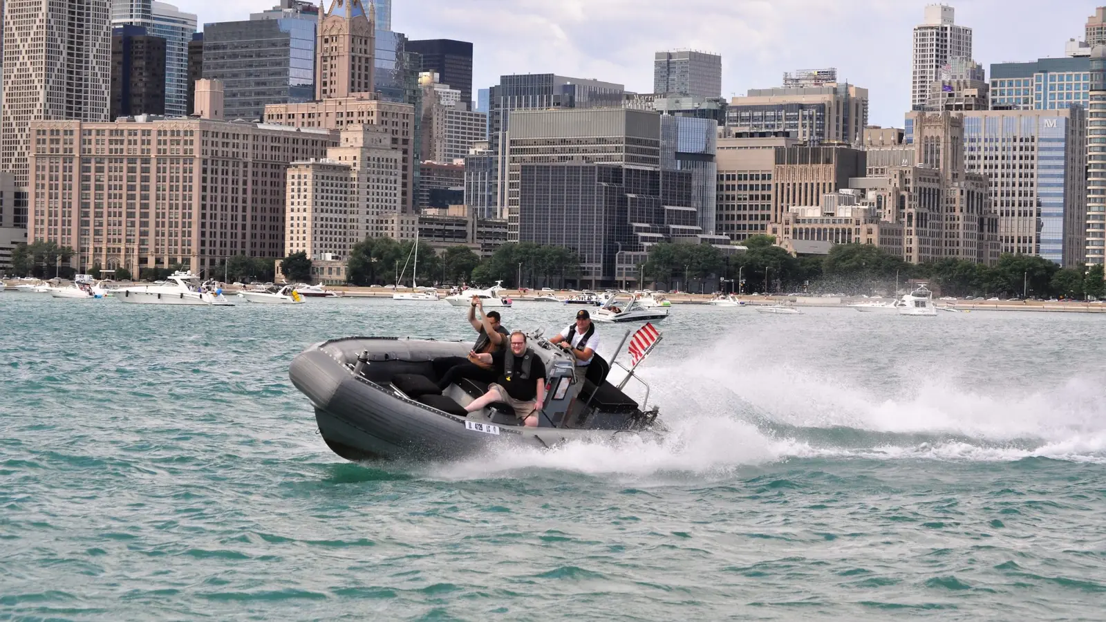 Blackhawk RHIB carving through Lake Michigan near downtown Chicago