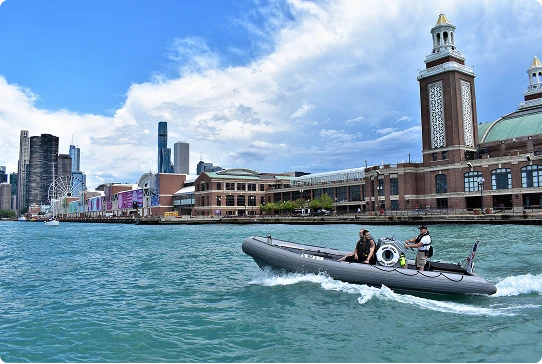 Blackhawk RHIB passing Navy Pier on Lake Michigan